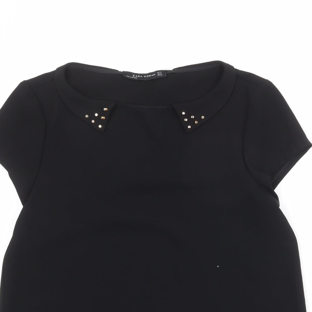 Zara Womens Black Polyester Basic T-Shirt Size M Round Neck