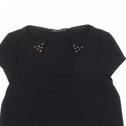 Zara Womens Black Polyester Basic T-Shirt Size M Round Neck