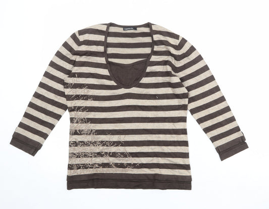 Bianca Womens Brown Striped Viscose Basic T-Shirt Size 10 Scoop Neck