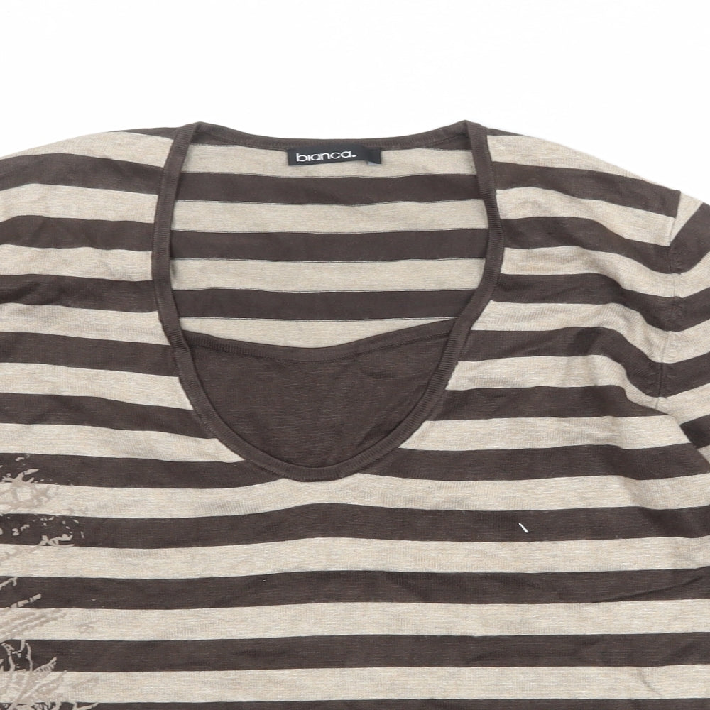 Bianca Womens Brown Striped Viscose Basic T-Shirt Size 10 Scoop Neck