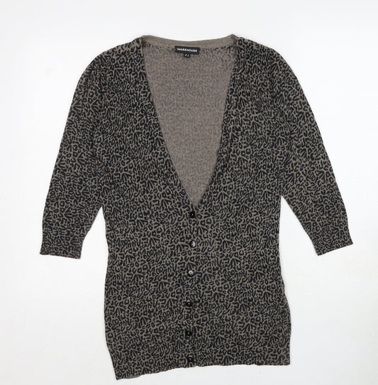 Warehouse Womens Black V-Neck Animal Print Viscose Cardigan Jumper Size 6 - Leopard Pattern