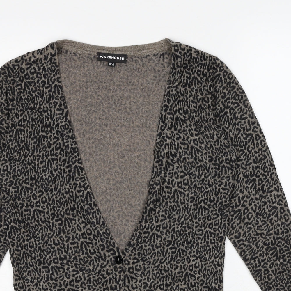 Warehouse Womens Black V-Neck Animal Print Viscose Cardigan Jumper Size 6 - Leopard Pattern