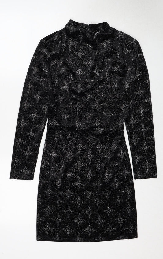 Zara Womens Black Geometric Polyester Shift Size S Mock Neck Button