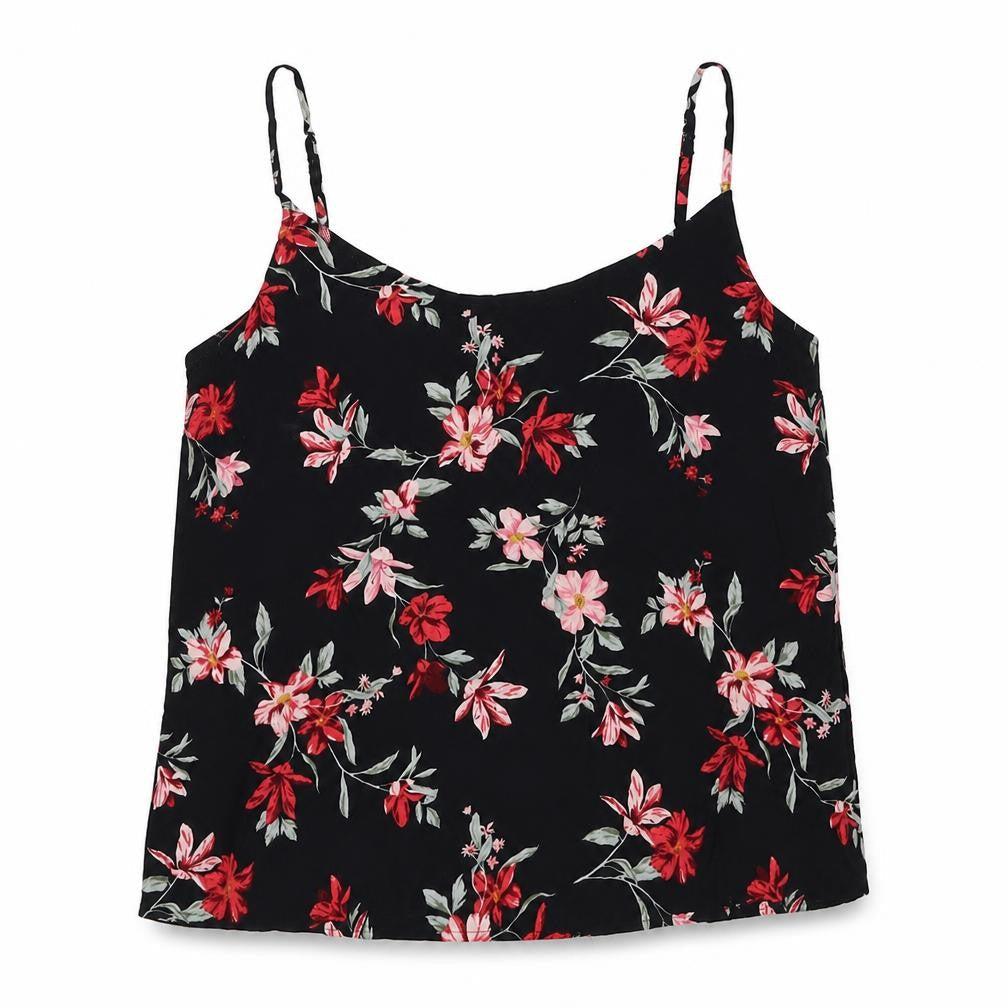 H&M Womens Black Floral Viscose Basic Tank Size 10 Round Neck