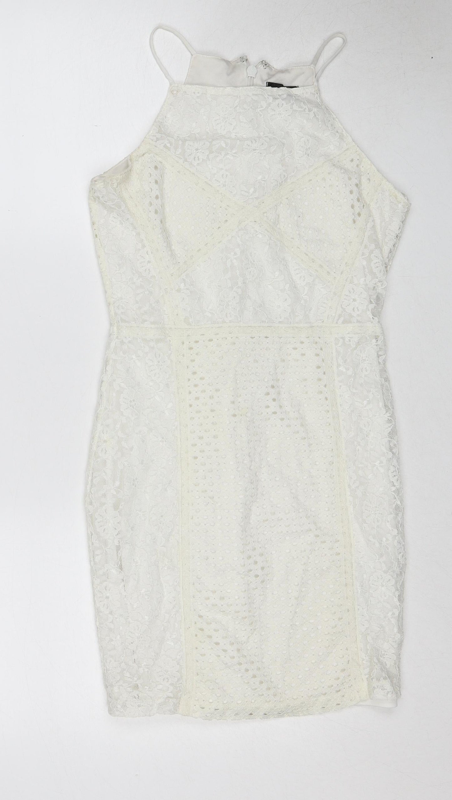 Topshop Womens White Geometric Polyamide Slip Dress Size 8 Square Neck Zip