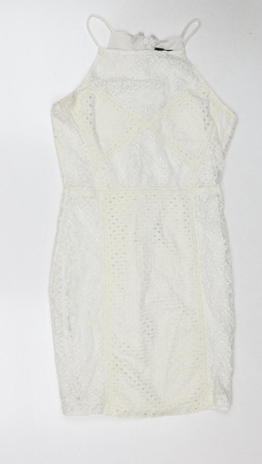 Topshop Womens White Geometric Polyamide Slip Dress Size 8 Square Neck Zip
