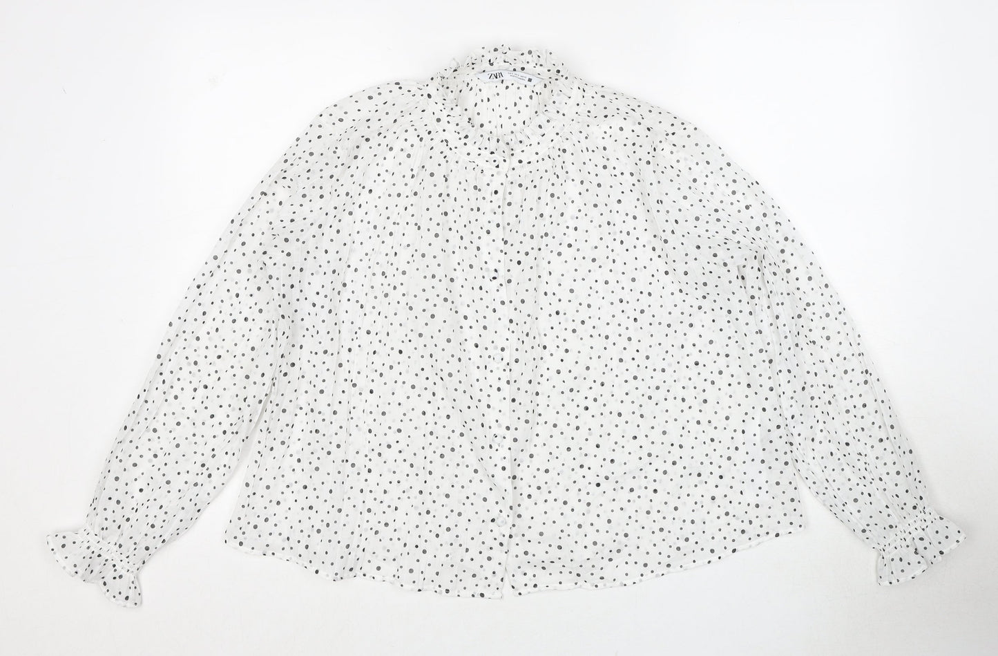 Zara Womens White Polka Dot Polyester Basic Button-Up Size S Mock Neck
