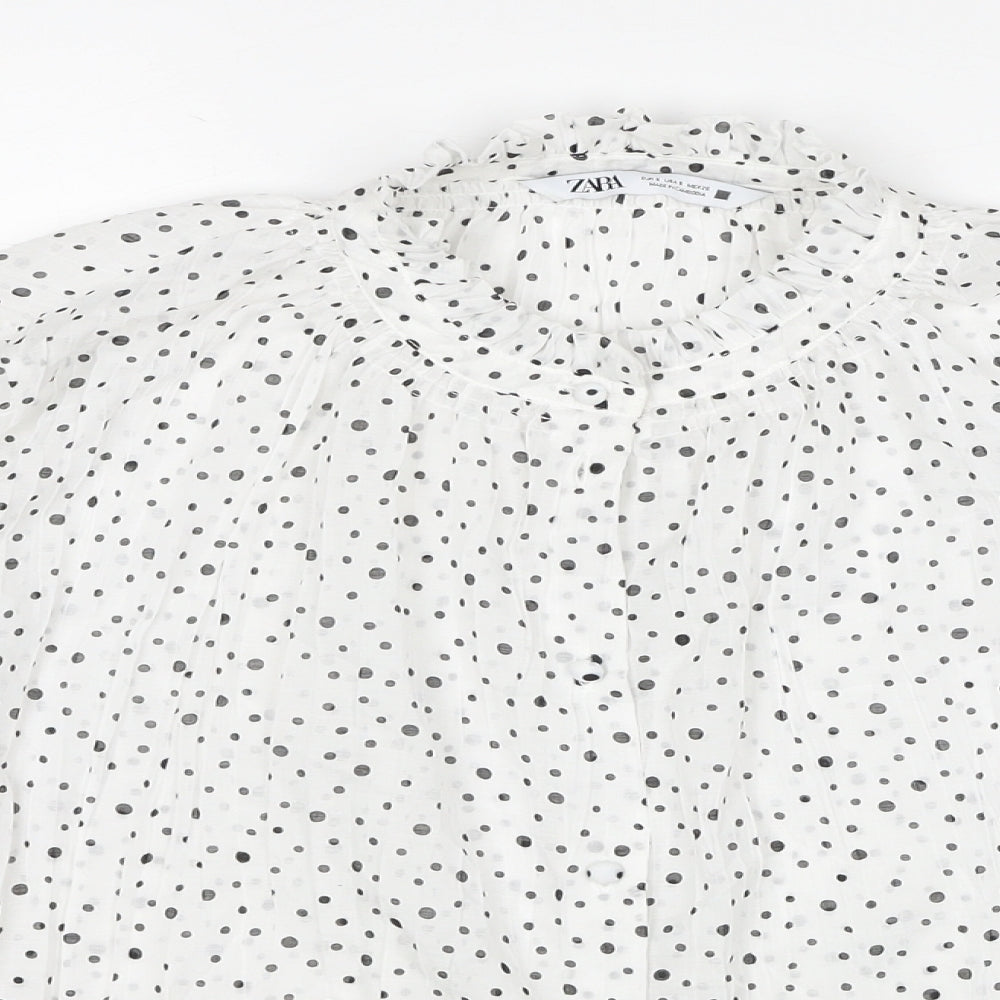 Zara Womens White Polka Dot Polyester Basic Button-Up Size S Mock Neck