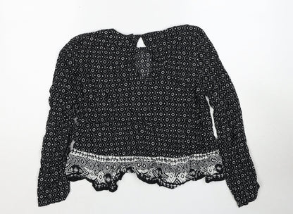 H&M Womens Black Geometric Viscose Basic Blouse Size 10 Round Neck