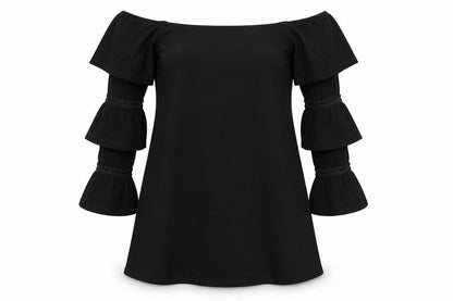 Front view of ASOS women’s black viscose a-line, size UK 8, off the shoulder pullover