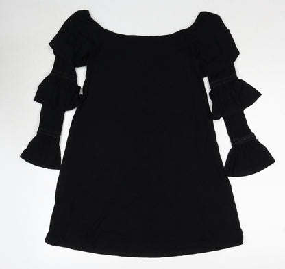 Back view of ASOS women’s black viscose a-line, size UK 8, off the shoulder pullover