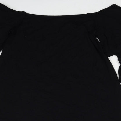 Close-up detail of ASOS women’s black viscose a-line, size UK 8, off the shoulder pullover