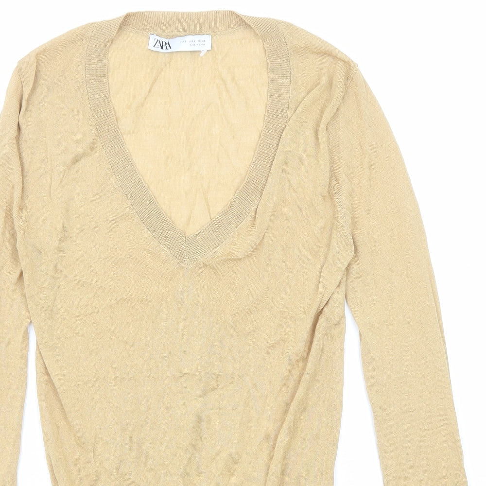 Zara Womens Beige V-Neck Modal Pullover Jumper Size S
