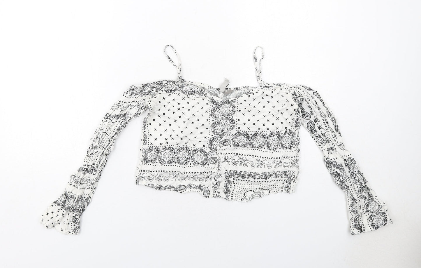 H&M Womens White Geometric Viscose Cropped Blouse Size 8 Square Neck - Cold Shoulder