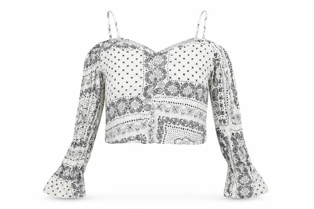 H&M Womens White Geometric Viscose Cropped Blouse Size 8 Square Neck - Cold Shoulder