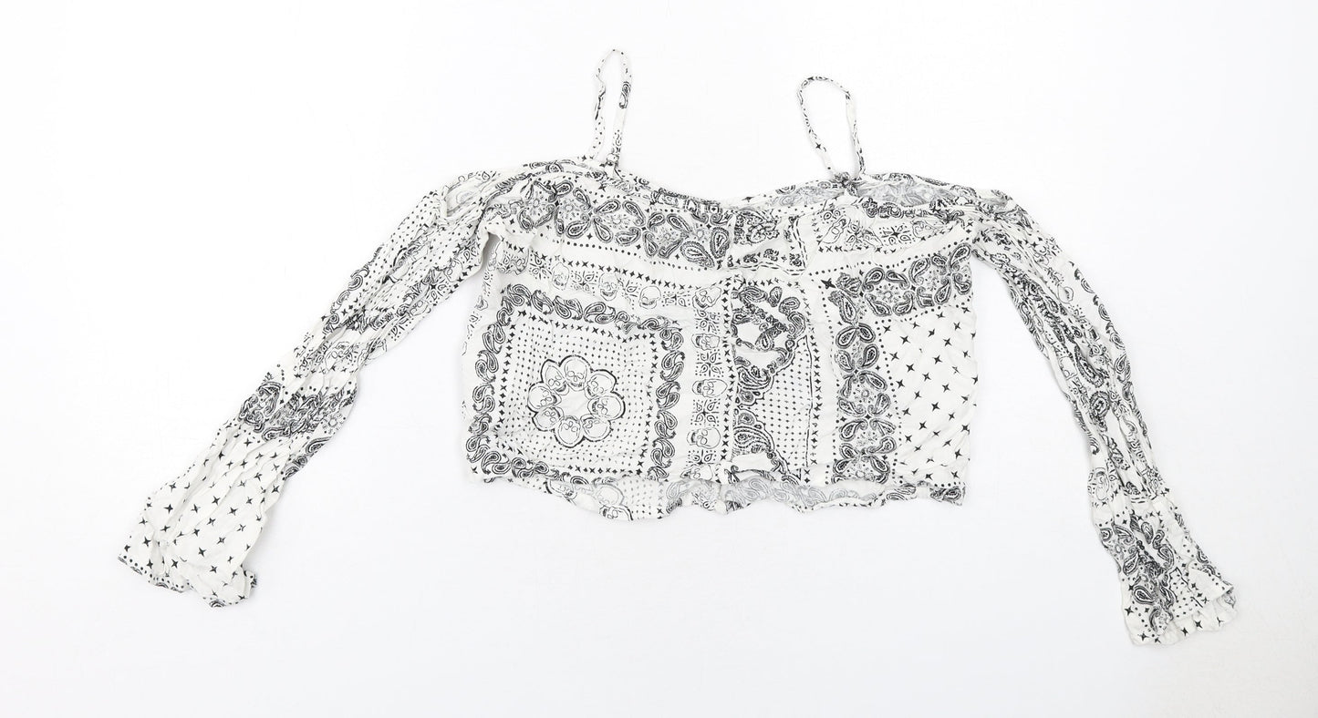 H&M Womens White Geometric Viscose Cropped Blouse Size 8 Square Neck - Cold Shoulder