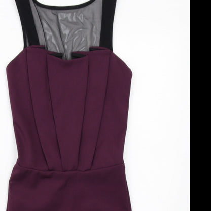 Close-up detail of Miss Selfridge women’s purple polyester shift, size UK 8, square neck pullover