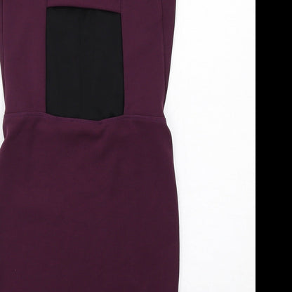 Brand and care label for Miss Selfridge women’s purple polyester shift, size UK 8, square neck pullover