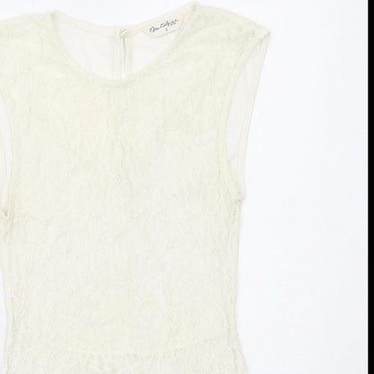 Close-up detail of Miss Selfridge women’s ivory nylon basic tank, size UK 6, round neck