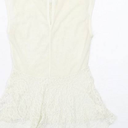 Brand and care label for Miss Selfridge women’s ivory nylon basic tank, size UK 6, round neck