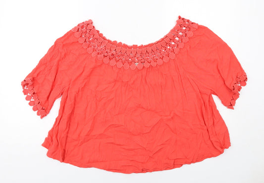 River Island Womens Red Viscose Basic Blouse Size 12 Boat Neck - Crochet Trim