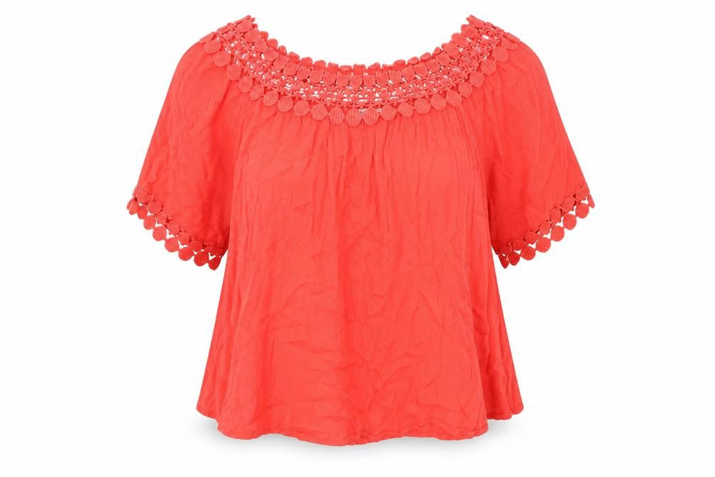 River Island Womens Red Viscose Basic Blouse Size 12 Boat Neck - Crochet Trim