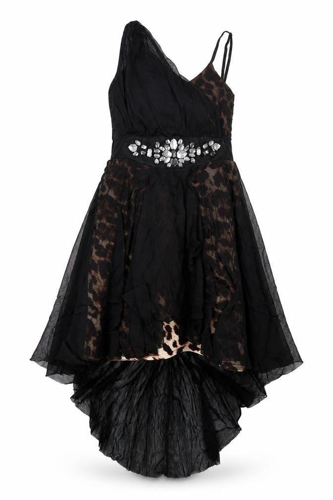 Progress Womens Black Animal Print Polyester Trapeze & Swing Size M V-Neck Pullover - Leopard Pattern Sheer Overlay