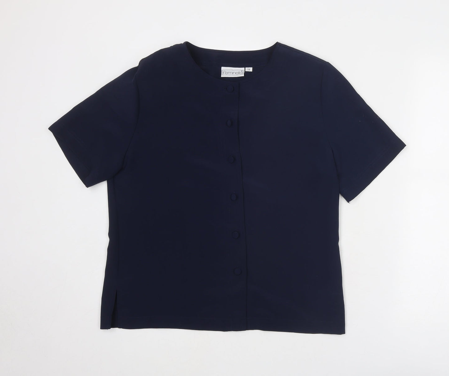 Feminella Womens Blue Polyester Basic Button-Up Size 12 Round Neck