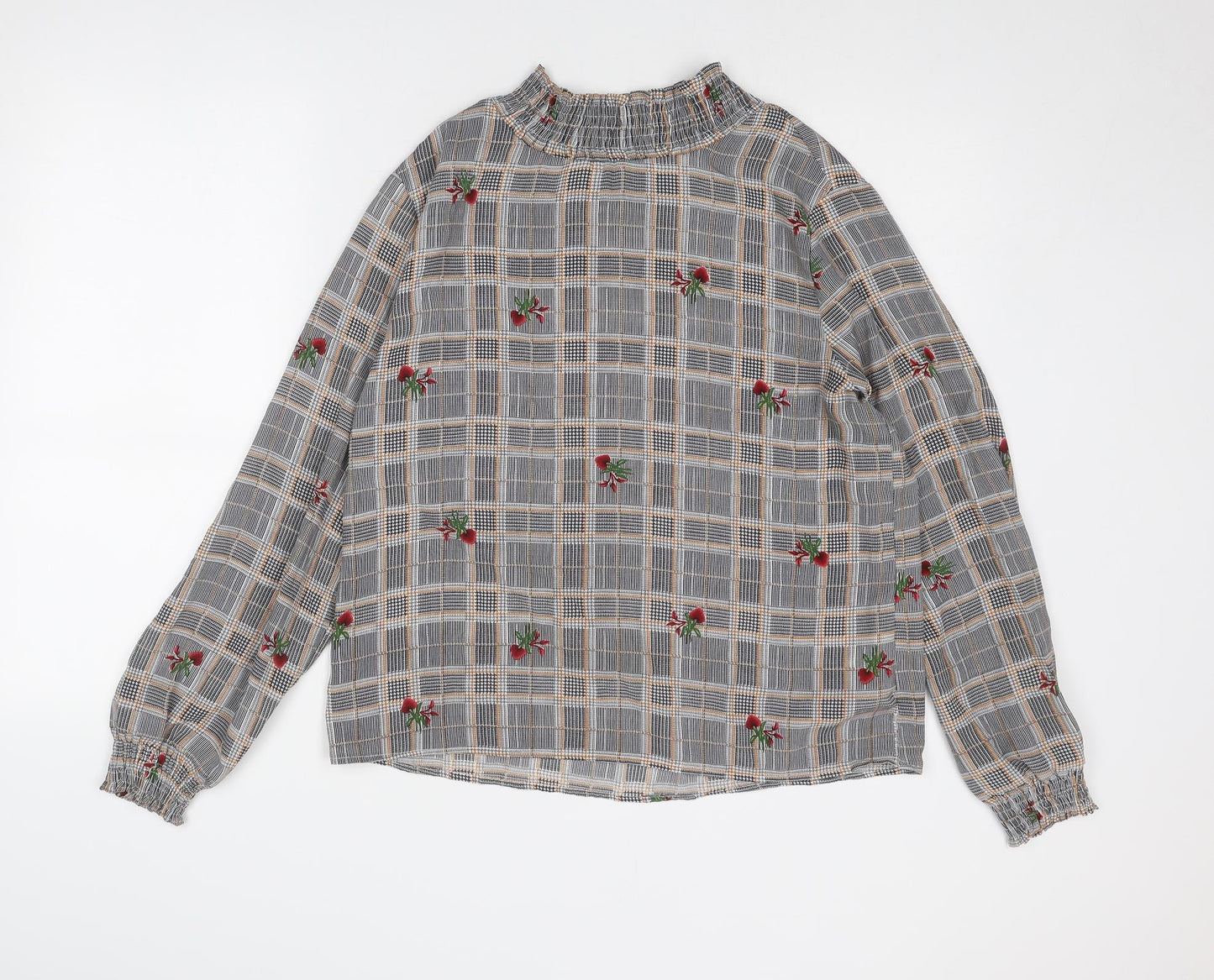 Franesa Womens Grey Check Polyester Basic Blouse Size M High Neck