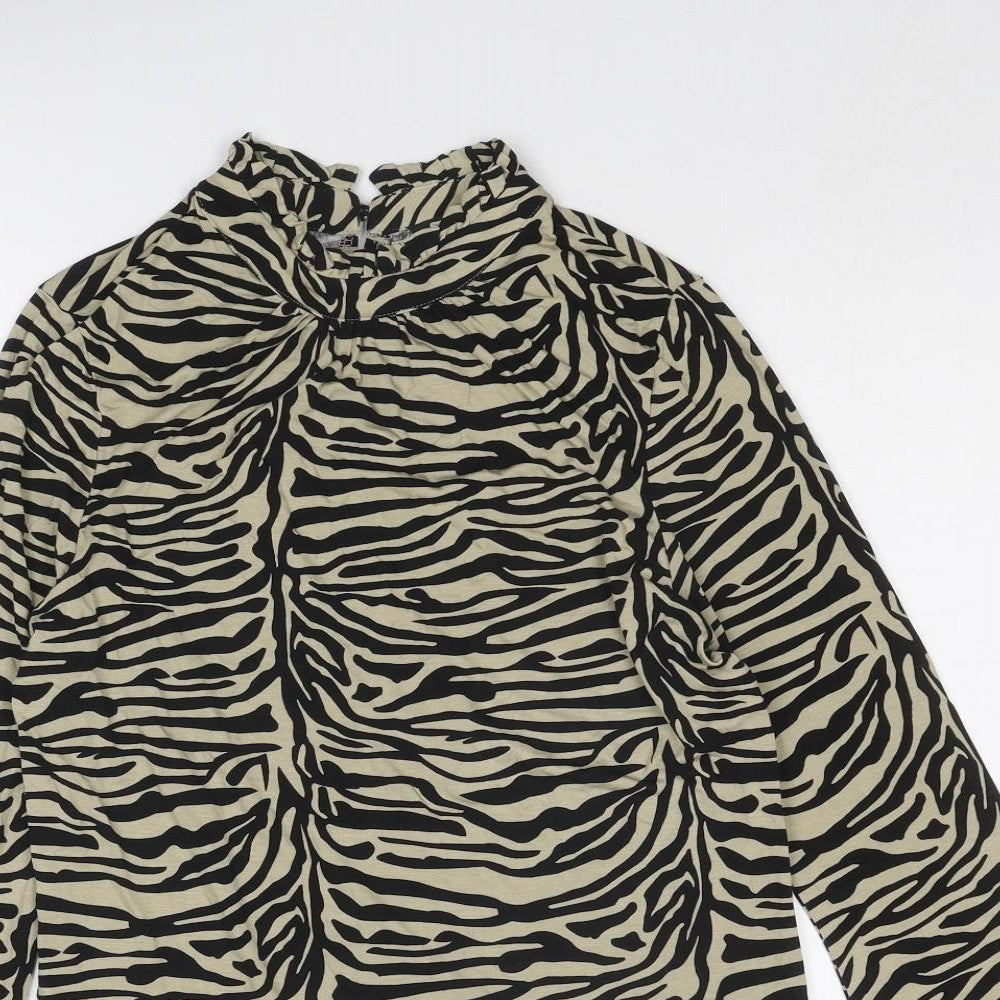 Soaked in Luxury Womens Beige Animal Print Viscose Basic T-Shirt Size S High Neck - Tiger Print