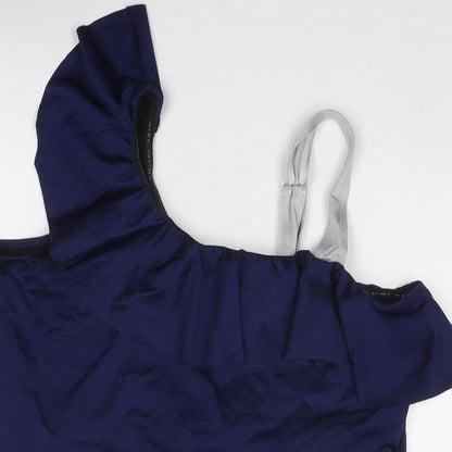 Close-up detail of ASOS women’s blue polyester basic blouse, size UK 24, one shoulder