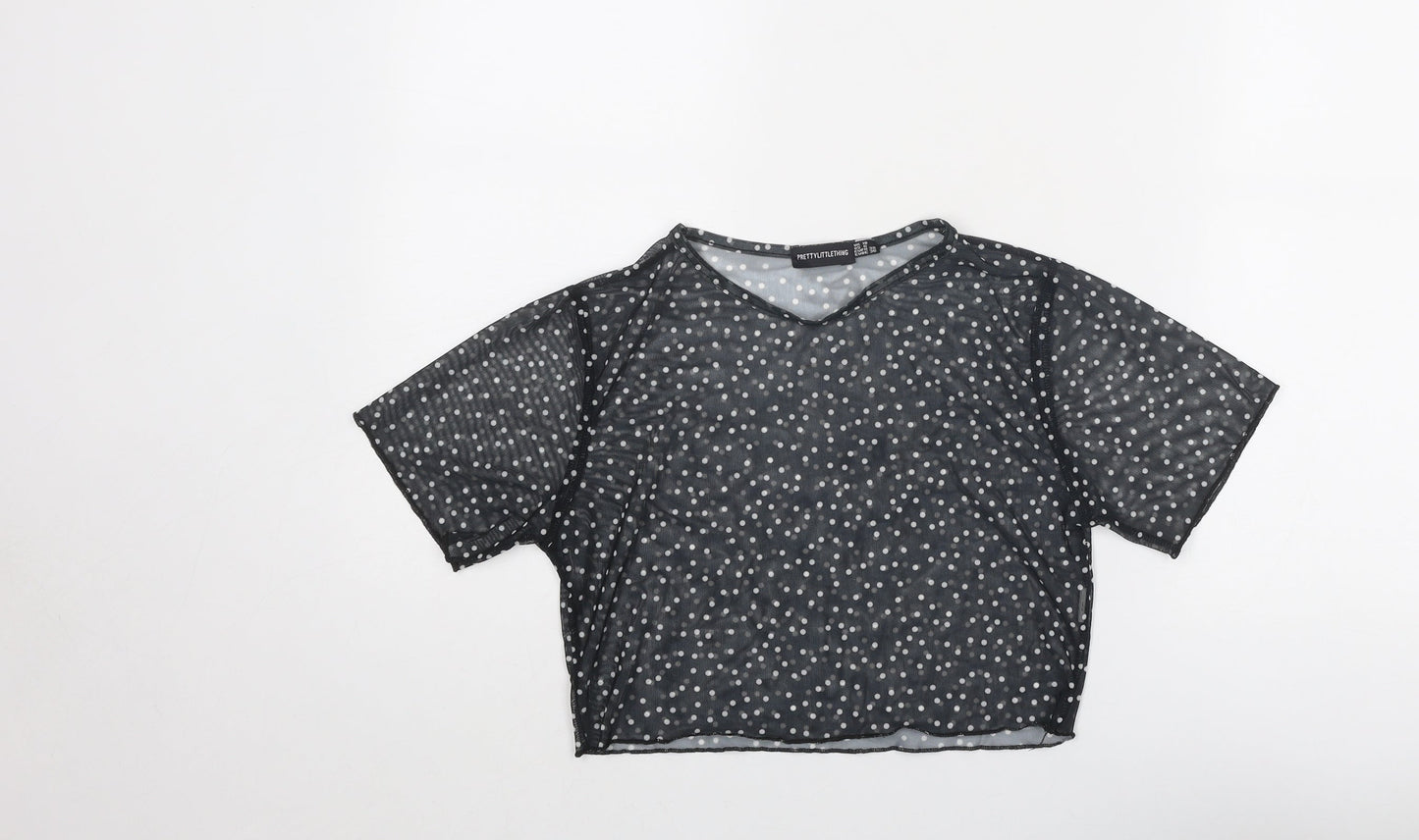 PRETTYLITTLETHING Womens Black Polka Dot Polyester Basic T-Shirt Size 10 Round Neck