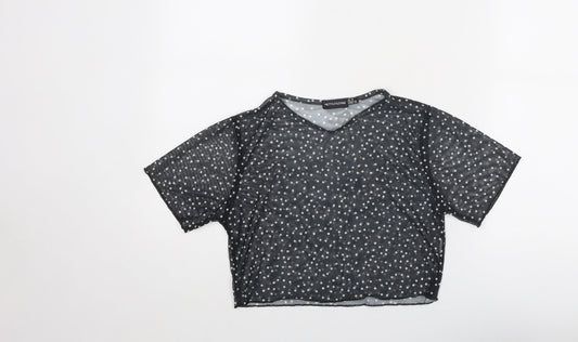 PRETTYLITTLETHING Womens Black Polka Dot Polyester Basic T-Shirt Size 10 Round Neck
