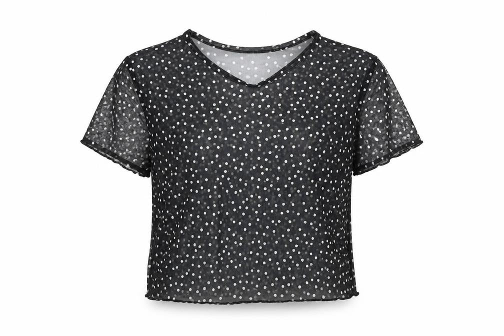 PRETTYLITTLETHING Womens Black Polka Dot Polyester Basic T-Shirt Size 10 Round Neck