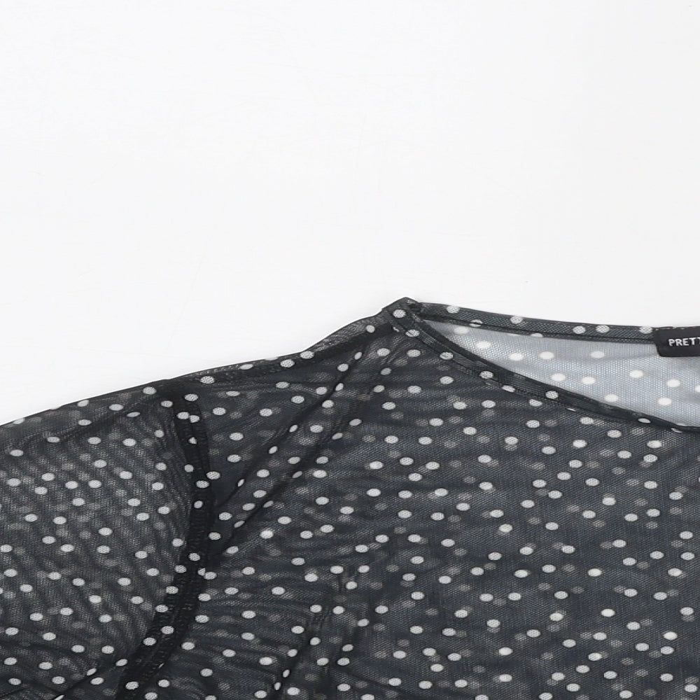 PRETTYLITTLETHING Womens Black Polka Dot Polyester Basic T-Shirt Size 10 Round Neck