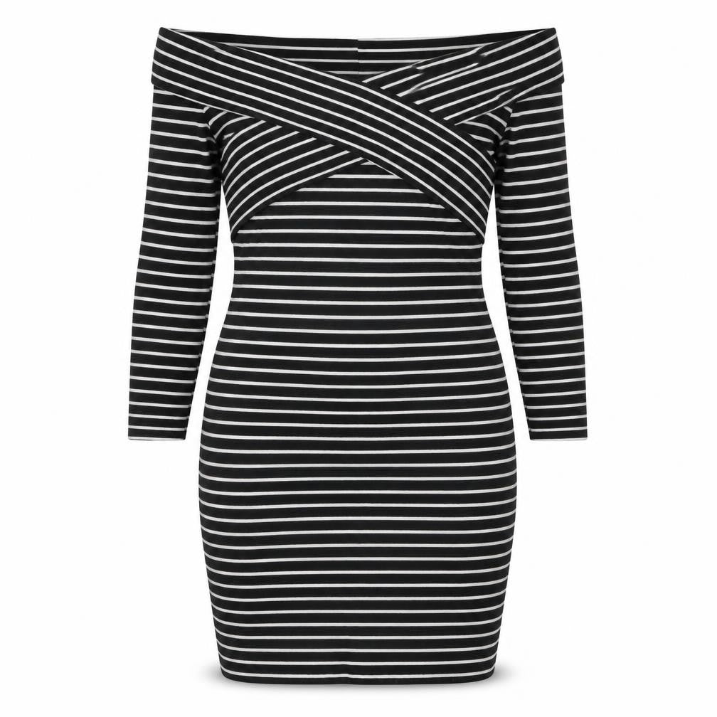 Dotti Womens Black Striped Viscose Bodycon Size 10 Off the Shoulder Pullover