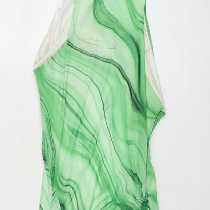 Close-up detail of I SAW IT FIRST women’s green geometric polyester bodycon, size UK 4, round neck pullover