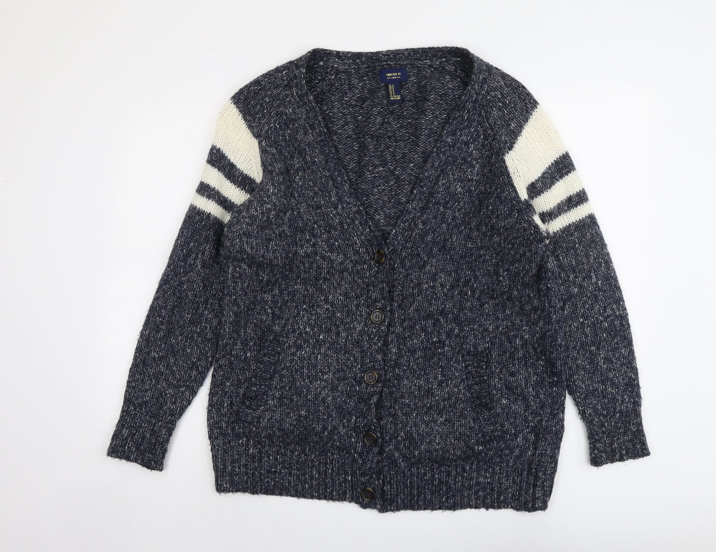 FOREVER 21 Womens Blue V-Neck Geometric Polyester Cardigan Jumper Size M