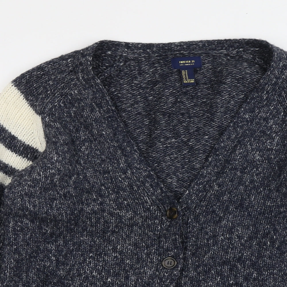 FOREVER 21 Womens Blue V-Neck Geometric Polyester Cardigan Jumper Size M