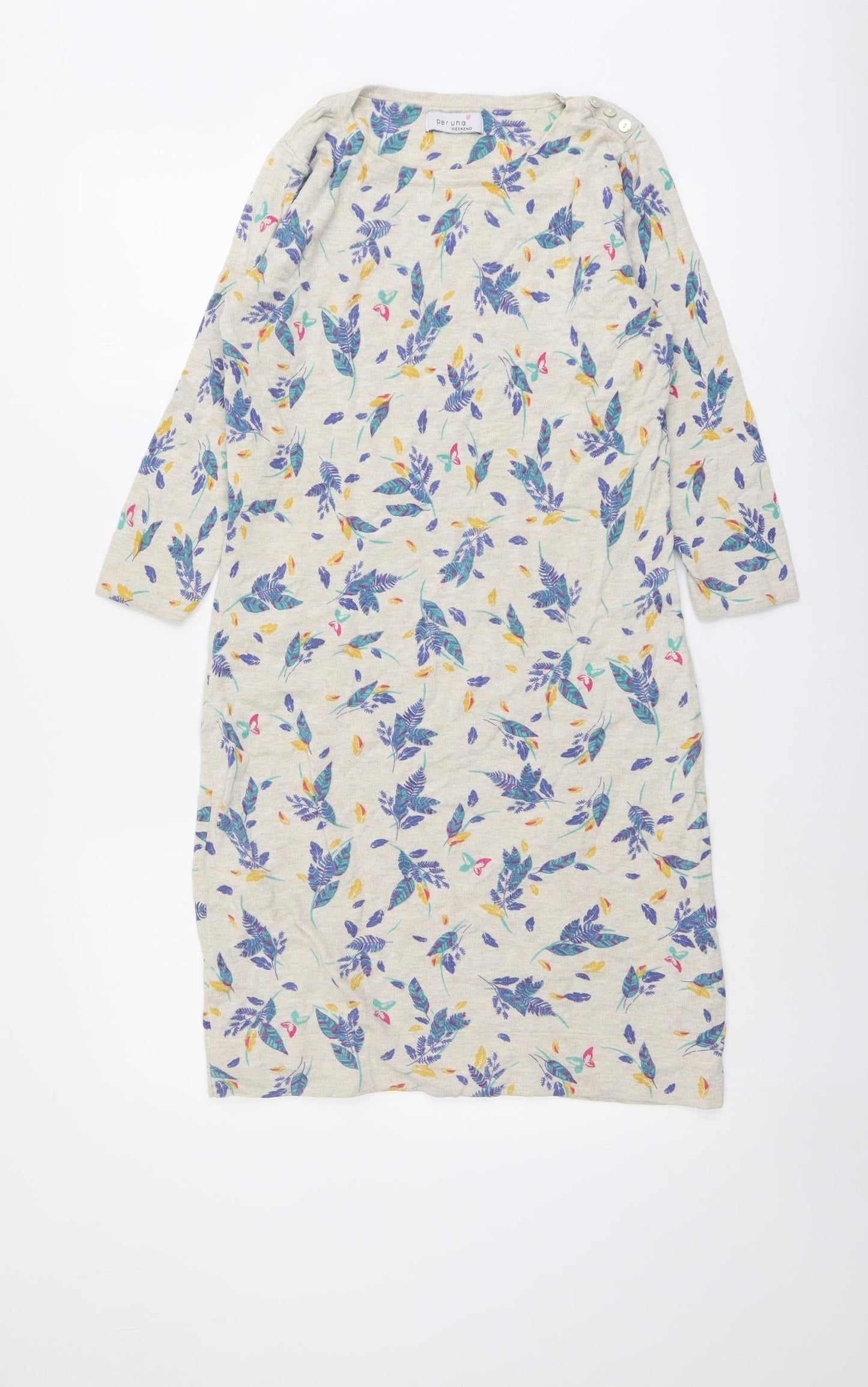 Marks and Spencer Womens Beige Floral Cotton Jumper Dress Size 8 Round Neck Pullover