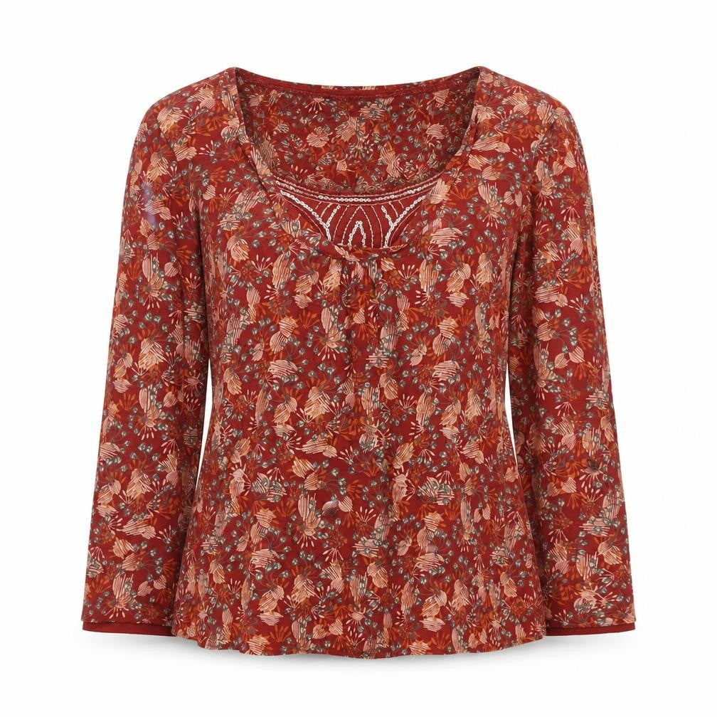 RJR.John Rocha Womens Red Geometric Cotton Basic Blouse Size 8 Scoop Neck