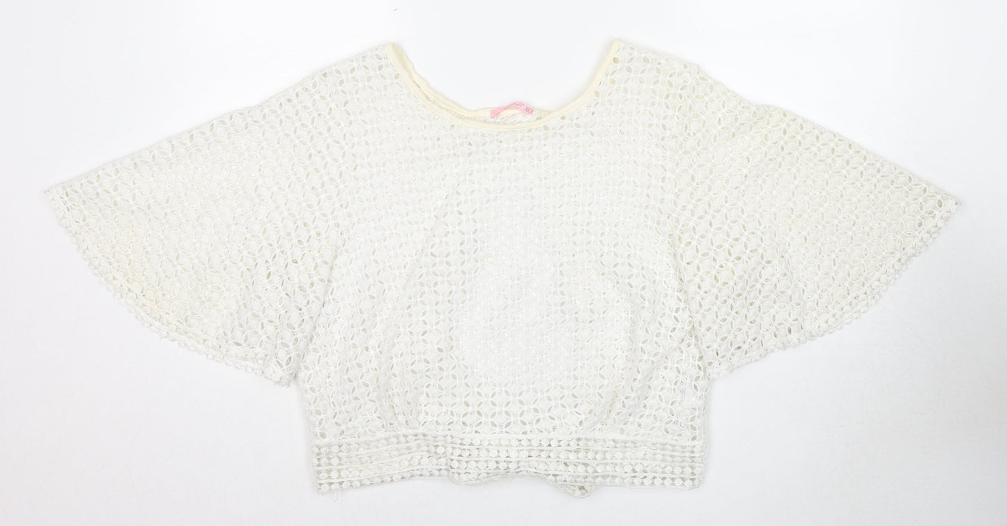 Fashion Womens White Polyester Basic Blouse Size XL Boat Neck - Open Back Angel Sleeve