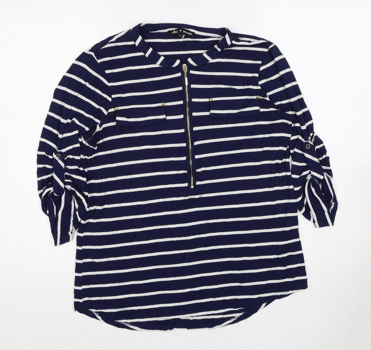 Cable & Gauge Womens Blue Striped Viscose Basic Blouse Size M Boat Neck