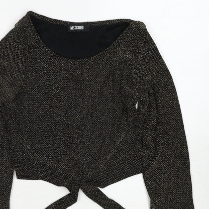 Close-up detail of Missguided women’s gold round neck geometric polyester jumper, size UK 8