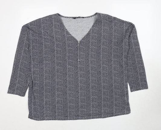 Bonmarché Womens Blue V-Neck Geometric Polyester Pullover Jumper Size 18