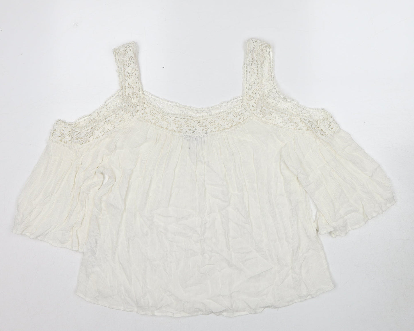 New Look Womens White Viscose Basic Blouse Size 12 Scoop Neck - Crocheted Lace Detail