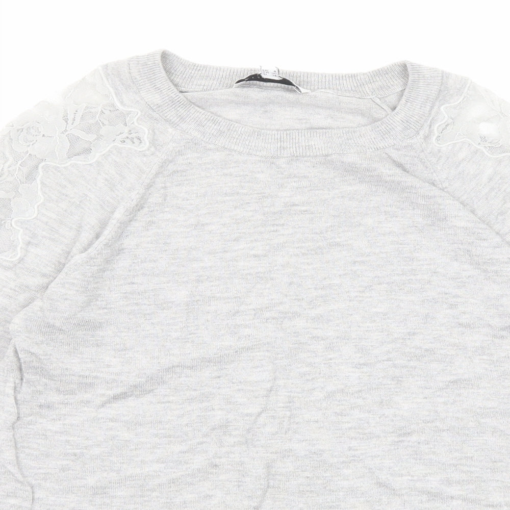Warehouse Womens Grey Round Neck Polyamide Pullover Jumper Size 8 - Lace Details