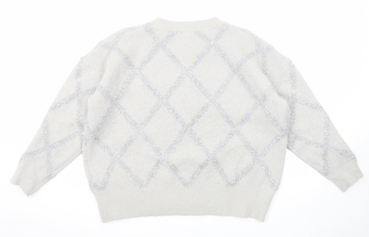 Boohoo Womens Grey Round Neck Geometric Acrylic Pullover Jumper Size L