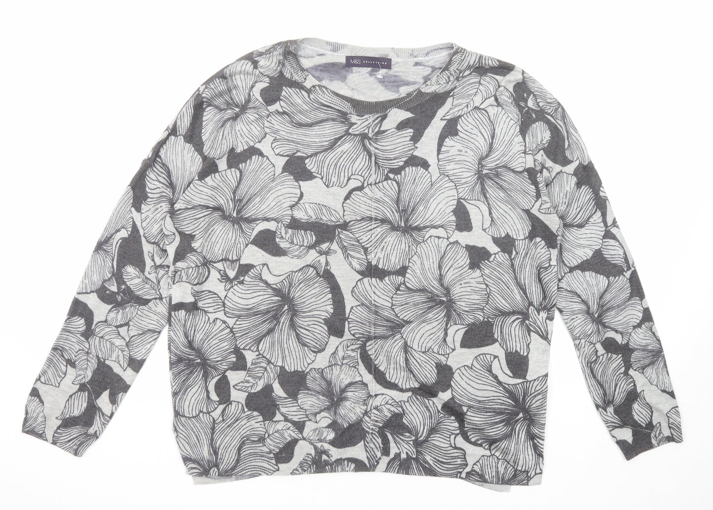 Marks and Spencer Womens Grey Round Neck Floral Acrylic Pullover Jumper Size L