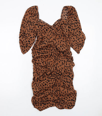 Back view of I SAW IT FIRST women’s brown geometric polyester bodycon, size UK 10, v-neck zip